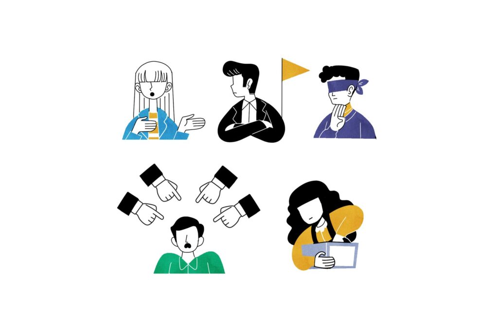 Ilustración de cinco actitudes que frenan los resultados: racionalizar, ignorar, negar, culpar a otros y usar excusas