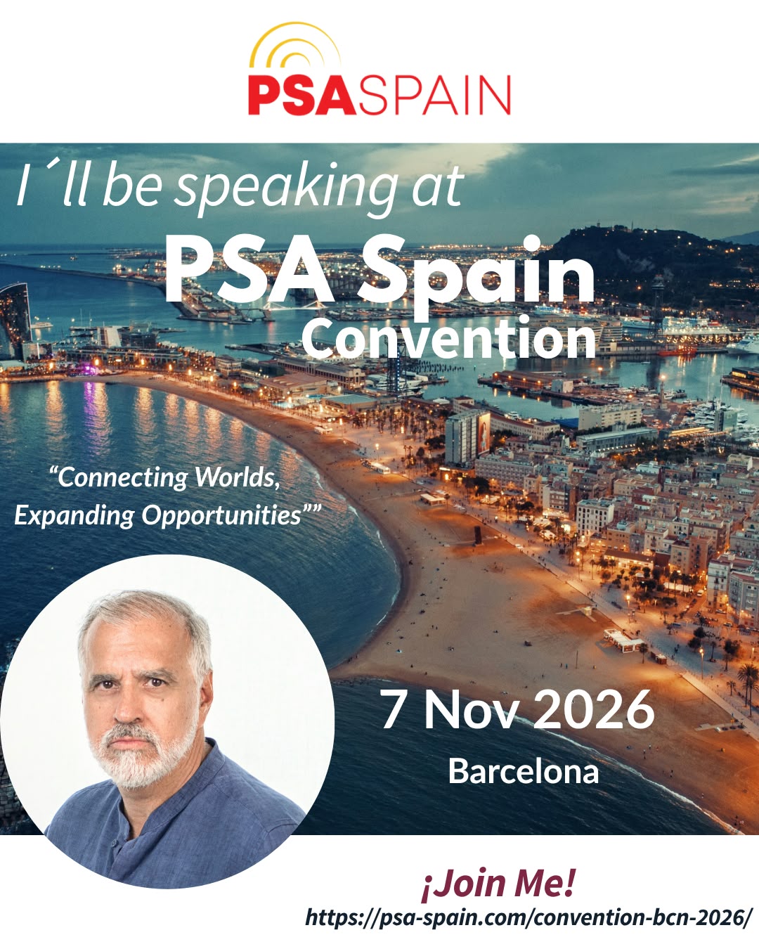 Cartel: Octavio Aguilar, speaker en PSA Spain Convention, 7 de noviembre de 2026, Barcelona
